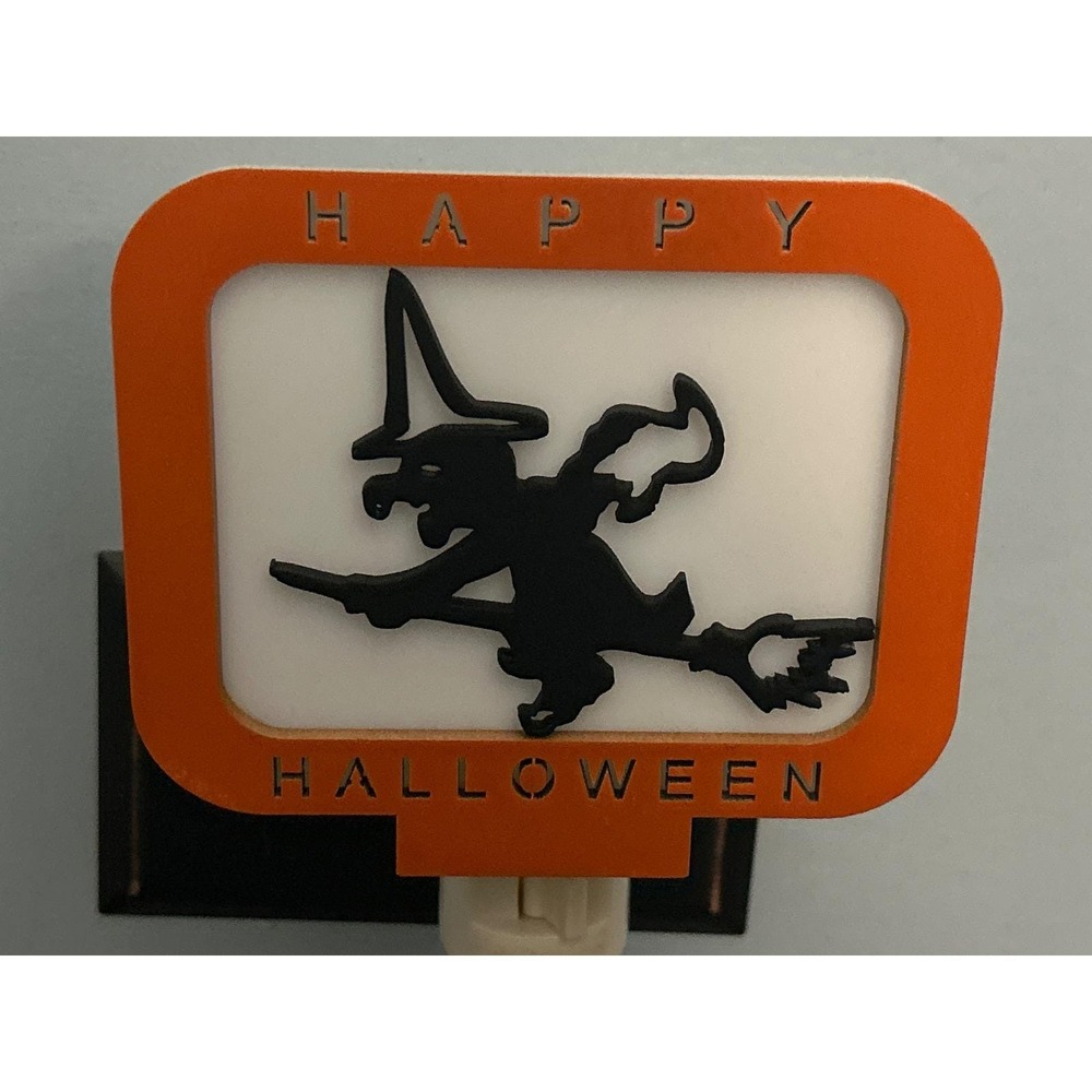 Halloween Witch on a Broom Night Light Orange Black White. Rotating Socket